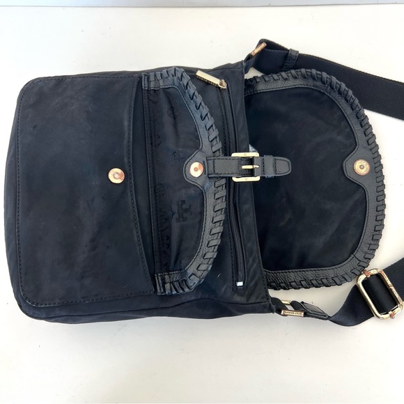 TORY BURCH Black Nylon Pebbled Leather Front Logo Tote Shoulder Bag Crossbody - Picture 7 of 16
